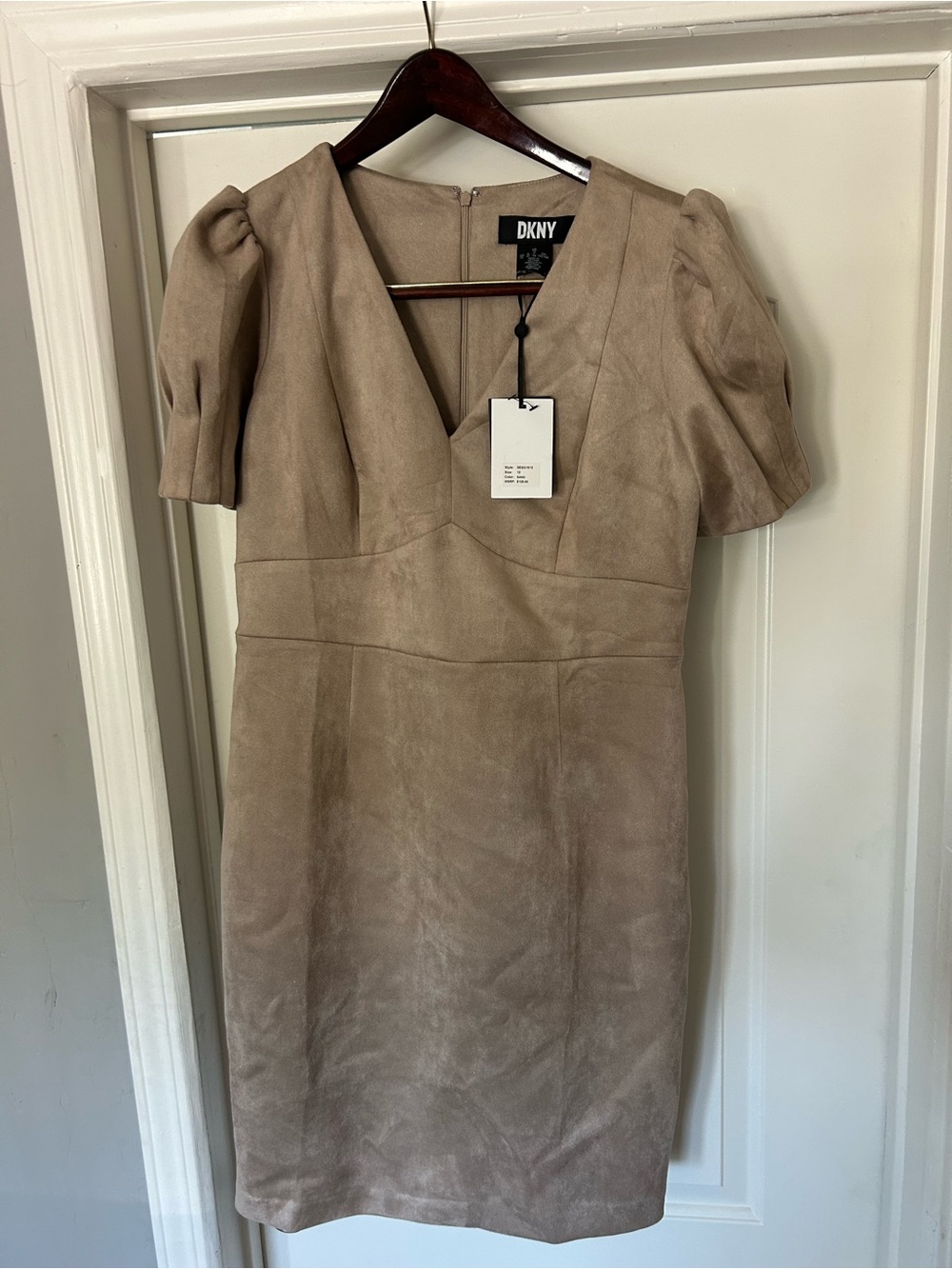DKNY Taupe Puff-Sleeve V-Neck Midi Dress